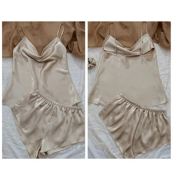 2025 2 قطعة العلامة التجارية الصيف الجديدة ملابس نوم نسائية امرأة رقيقة الحمالات المرأة منامة ملابس خاصة بلون الجليد الحرير بيجامة مجموعات 4
