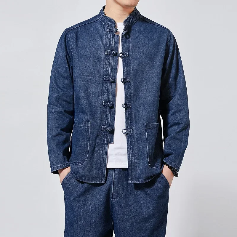 Men Chinese Style Shirt Autumn Men's Chinese Style Tang Suit Washed Denim Top Stand Collar Jacket Denim Jacket Men Casual Cotton coat Men