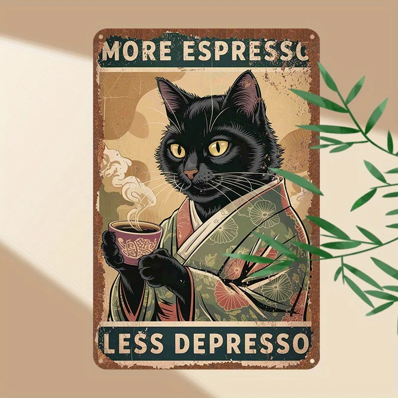 Metal Tin Sign  - "More Espresso Less Depresso" Cat with Coffee Design, Retro Wall Art for Home, Cafe, Bar, Garage Decor,