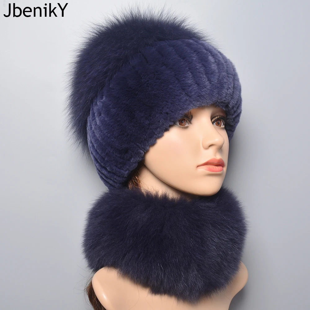 Hot Sale Winter Outdoor Brand Women Real Rex Rabbit Fur Scarf Hat Warm Real Fox Fur Cap Ring Shawl Natural Fox Fur Scarves Hats