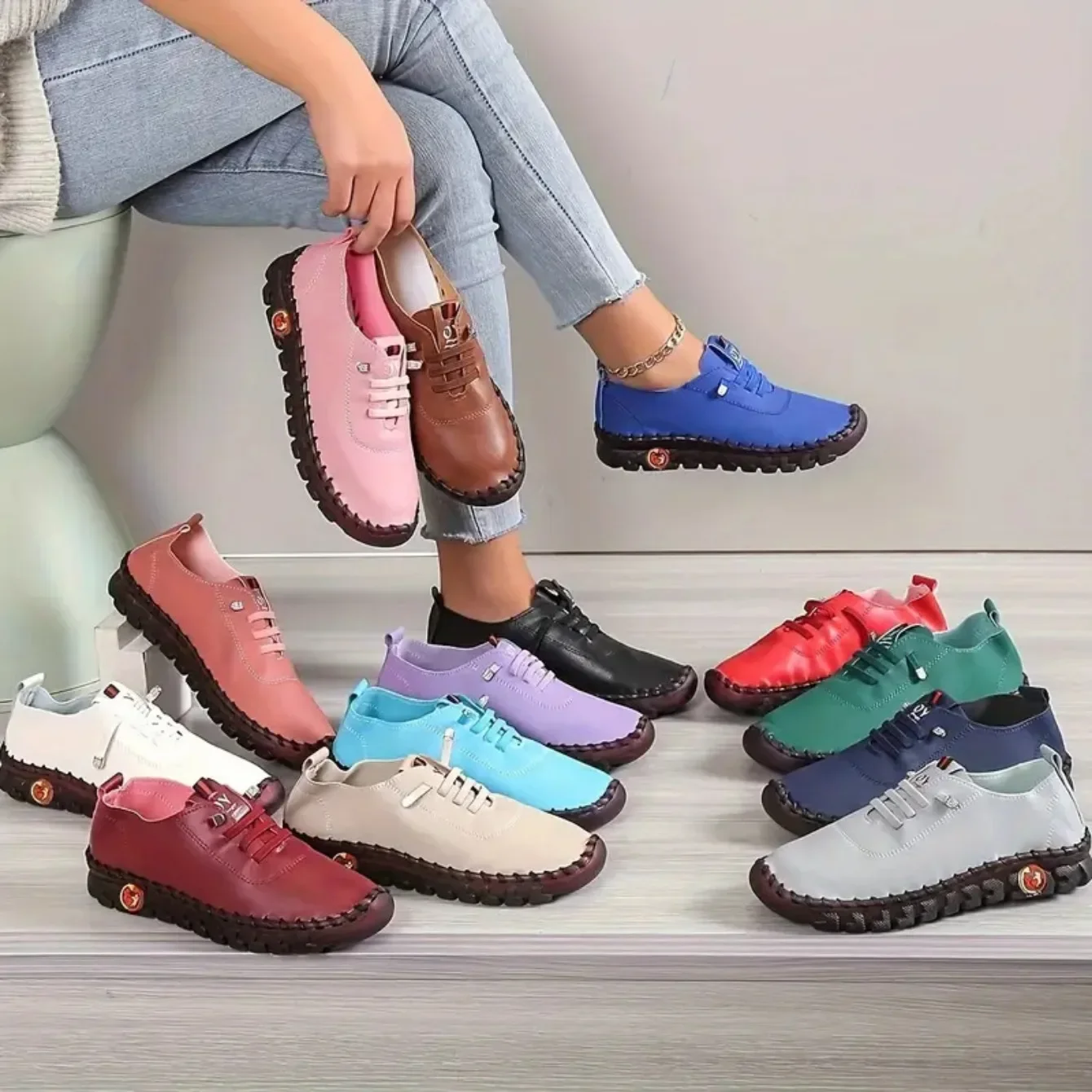New Women Sneakers Comfortable Soft Leather Loafers Shoe for Women Hand Sewn Thread Mom Shoes Fashion Outdoor Sneakers Women - view