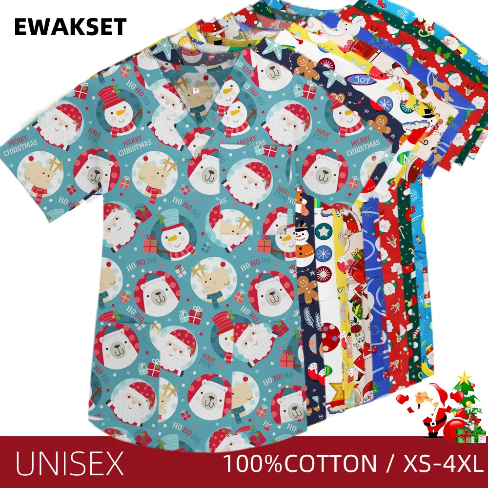 New Medical Tops Hospital Scrub Uniforms Printing Nurse V-Neck T-shirt Nursing Accessories Doctor Scrubs Blouses Beauty Coat