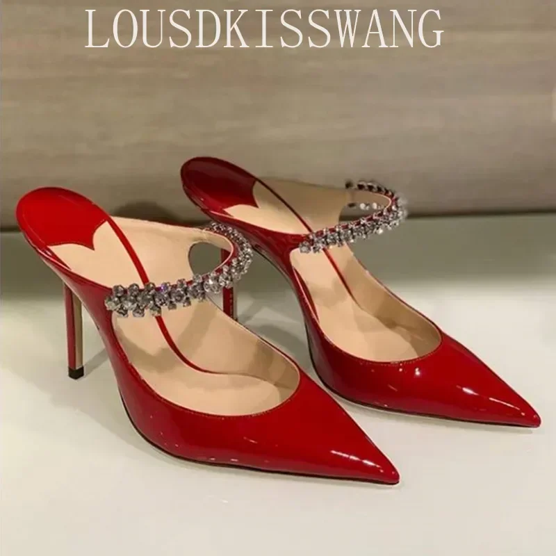 Spring and summer high-heeled Muller shoes pointed rhinestone chain fashion banquet Baotou stiletto ladies sandals women sandals,women high heels