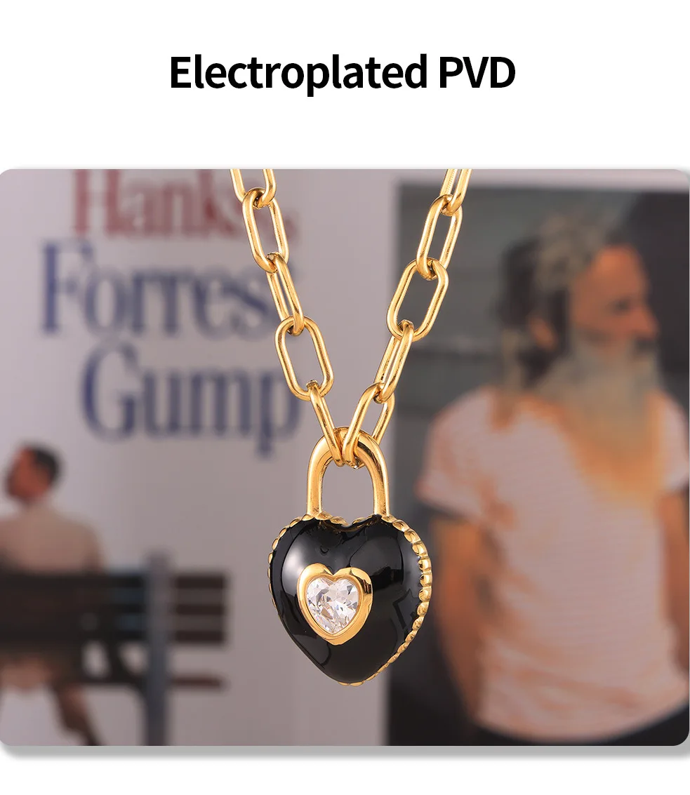 Schwarze Emaille-Herz Zirkon-Anhänger Halskette Hochwertige Edelstahl-Dickkette Ästhetische Halskette Schmuck Geschenk für Damen – Detail 6