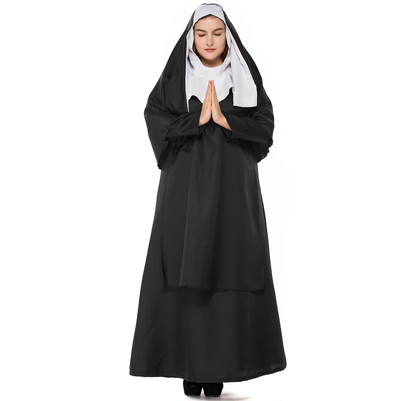 Nun Sister Habit Costume Halloween Women Christian Missionary Catholic Cosplay Carnival Fantasia Fancy Dress Balck Long Dress