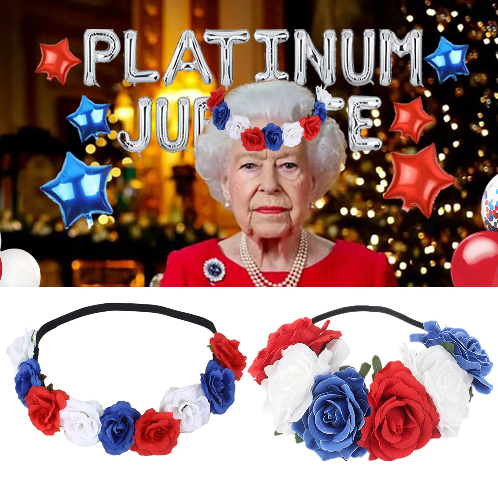 BritishFlagFlowerHeadbandRedBlueWhiteFlowersHairbandWomen