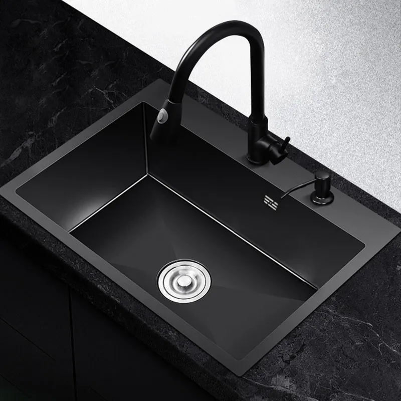 Large Top Mount Drop-in Single Bowl Basin Handmade SUS304 Stainless Steel Kitchen Sink Black Sinks With Basket Strainer |