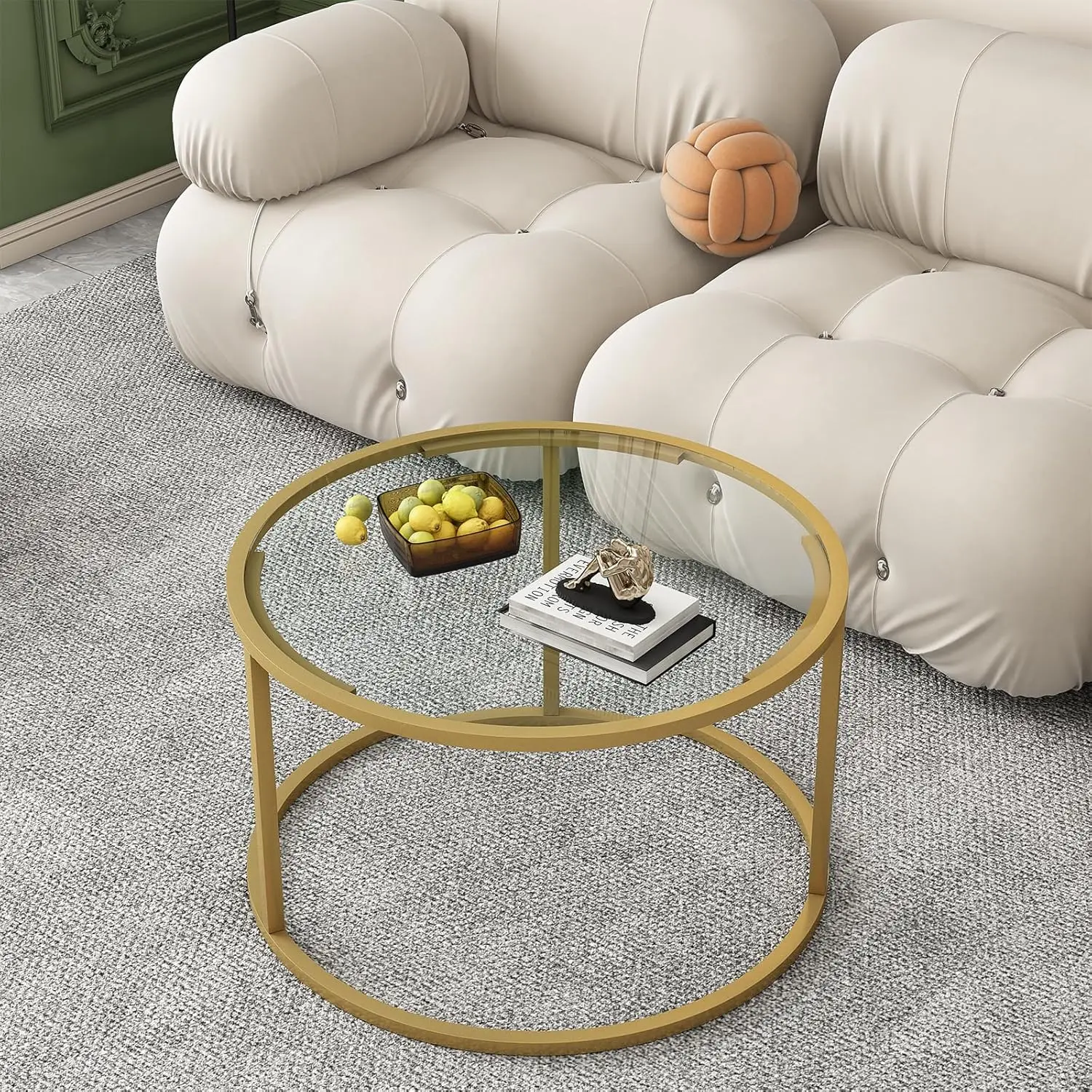 Glass Coffee Table,Round Gold Coffee Table for Small Space,27" Modern Center Table,Glass Top Clear Coffee Table 5