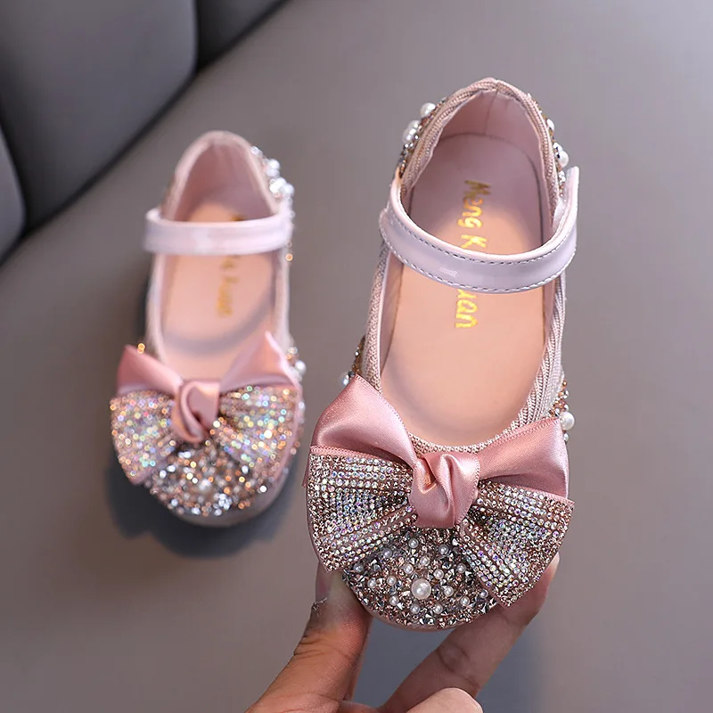 

Kids Leather Shoes Rhinestone Bow Princess Girls Party Dance Shoes Student Flats Kids Performance Shoes Girls Shoes for Weeding