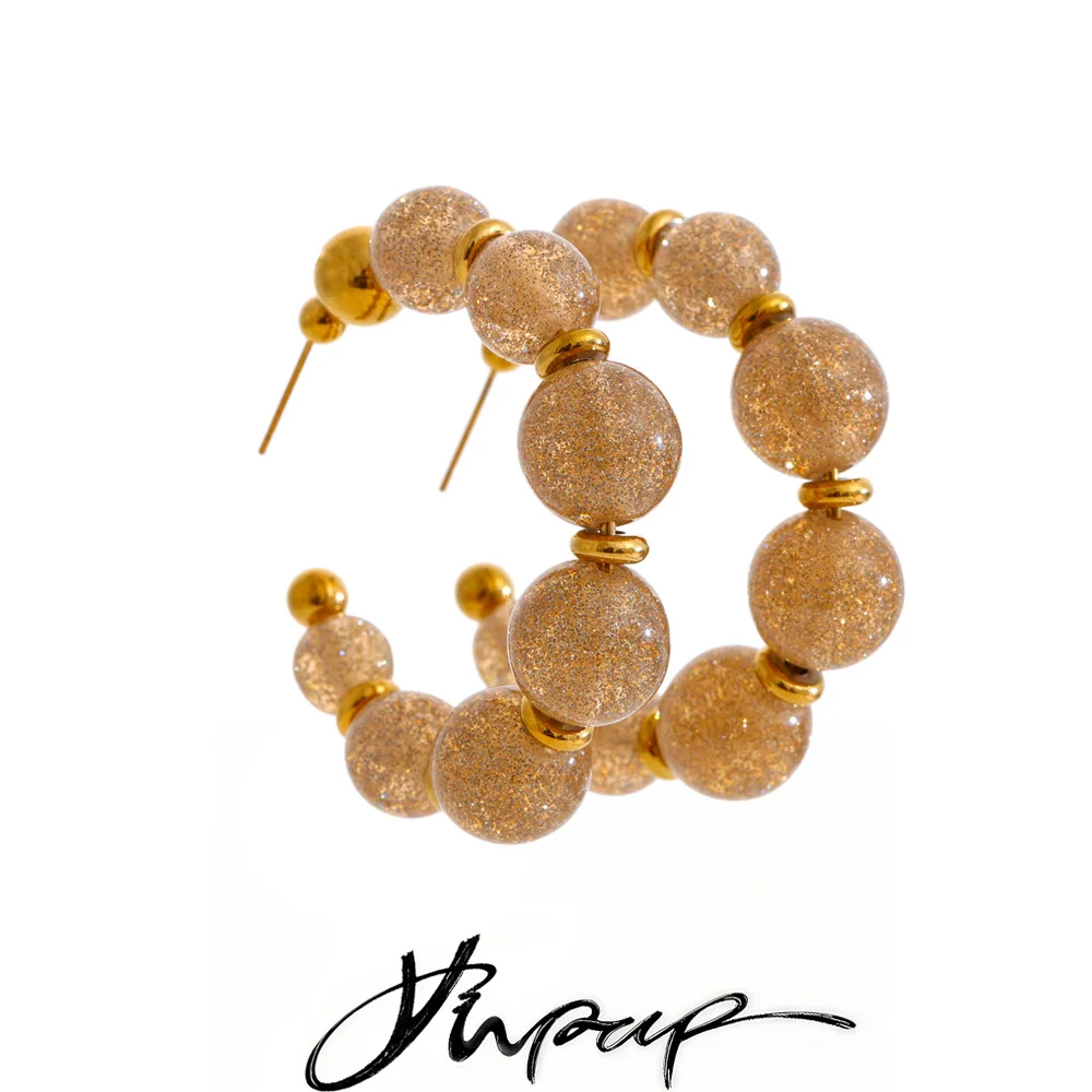 Yhpup résine perles rondes chaîne C-forme Huggie boucles d'oreilles pour femmes en acier inoxydable à la main mode à la mode France bijoux en gros - AliExpress