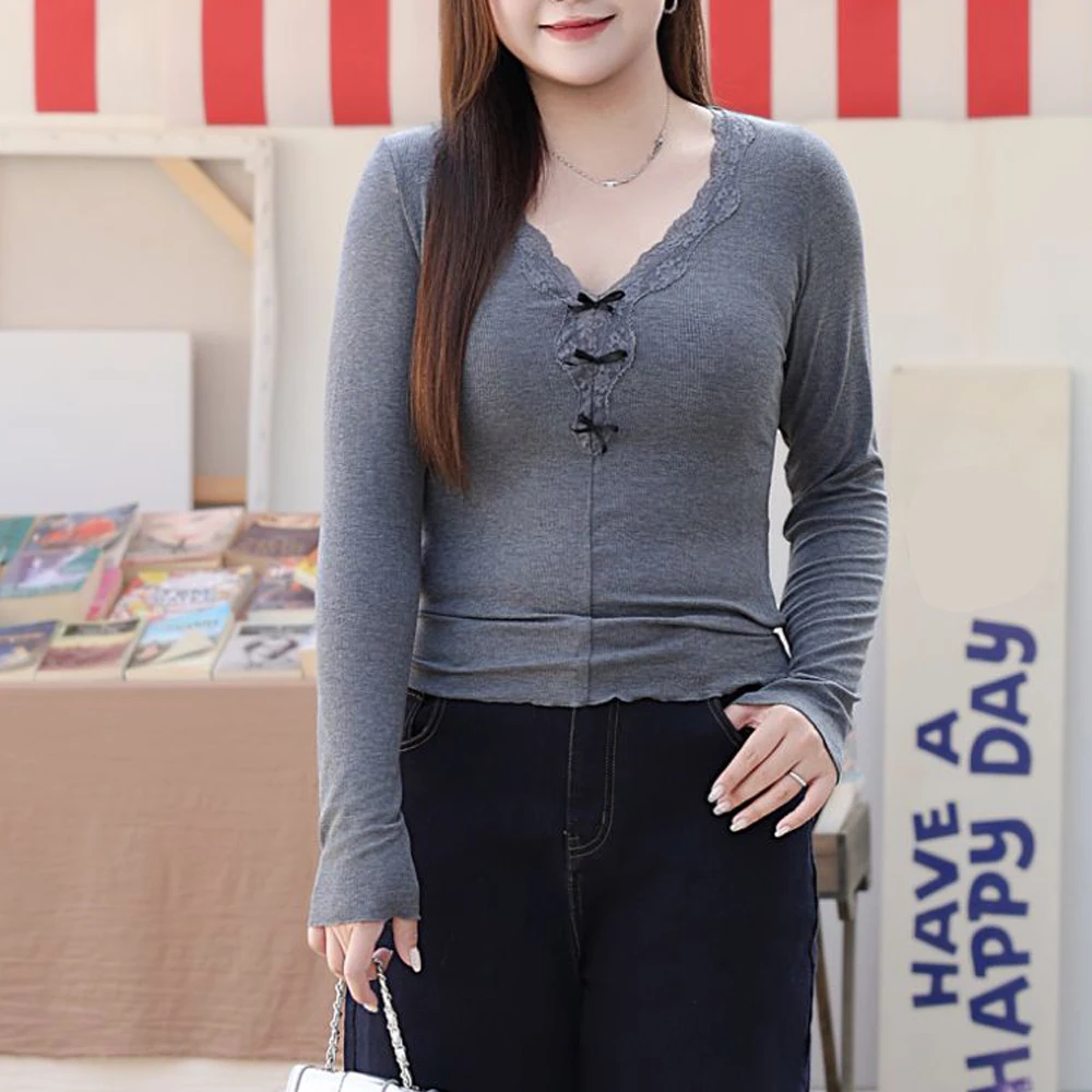 Plus Size Women's T-Shirt Premium Slim Waist Bow V-neck Merino Wool Basic Top Autumn Winter 2025