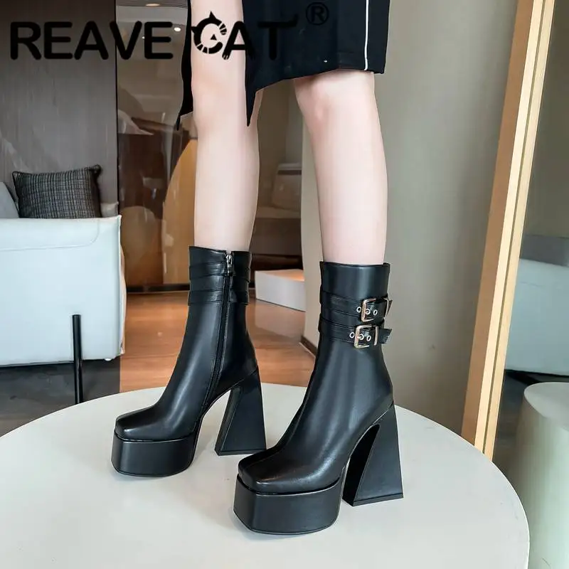 

REAVE CAT Women Mid Calf Boots Square Toe Strange High Heels 14cm Platform 5cm Zipper Buckle Plus Size 44 45 46 Sexy Party Shoes