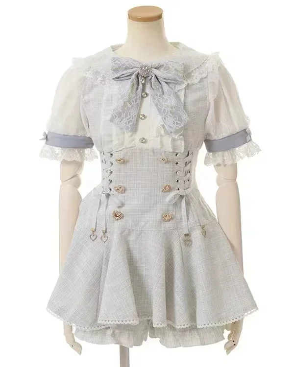 Japanese Mine Mass-Produced Short-Sleeve Shirt Dress Shorts Set Women Sweet Liz Doll Collar Bow Shirt Dress Two-Piece Suit 4