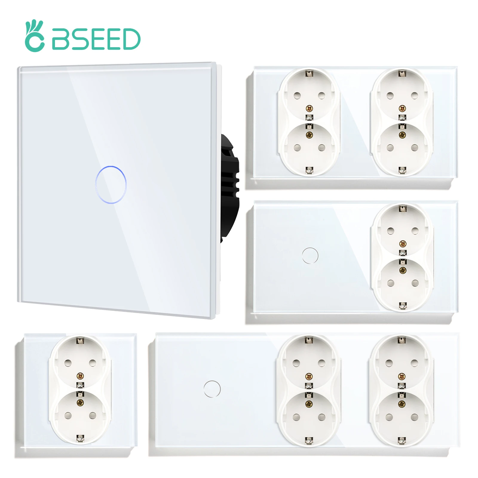 Interruptor de Luz Bseed-touch com Tomada de Alimentação 1way Tomadas de Parede Dupla ue Tomada Dupla Painel de Vidro 16a Luz Azul Branco Gang Gang 3gang