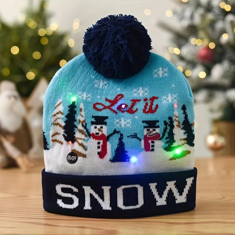 1pcsChristmas Hat Christmas LED Luminous Beanie Hat Knitted Winter Snow Christmas Party Gift for Adults and Children