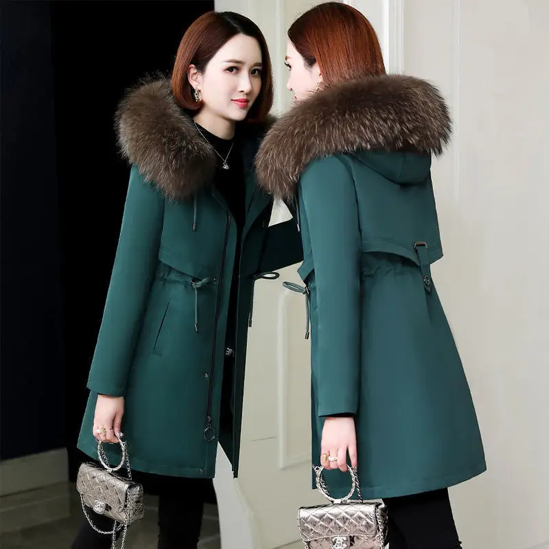 2023 Winter New Women Mid-Length Detachable Fur Parkas Thickened Warm Leisure Fur Collar Coat Fashion Large Size Hooded Outwear куртка wenven winter thickened warm mid length windproof and waterproof with a detachable fur hat бордовый