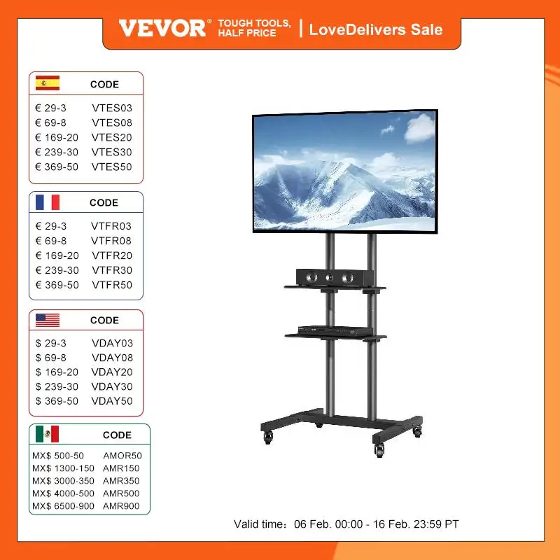 VEVOR-Soporte de TV móvil con ruedas, soporte de TV ajustable en altura, bandeja doble para dispositivos auditivos, soporte de TV rodante para dormitorio