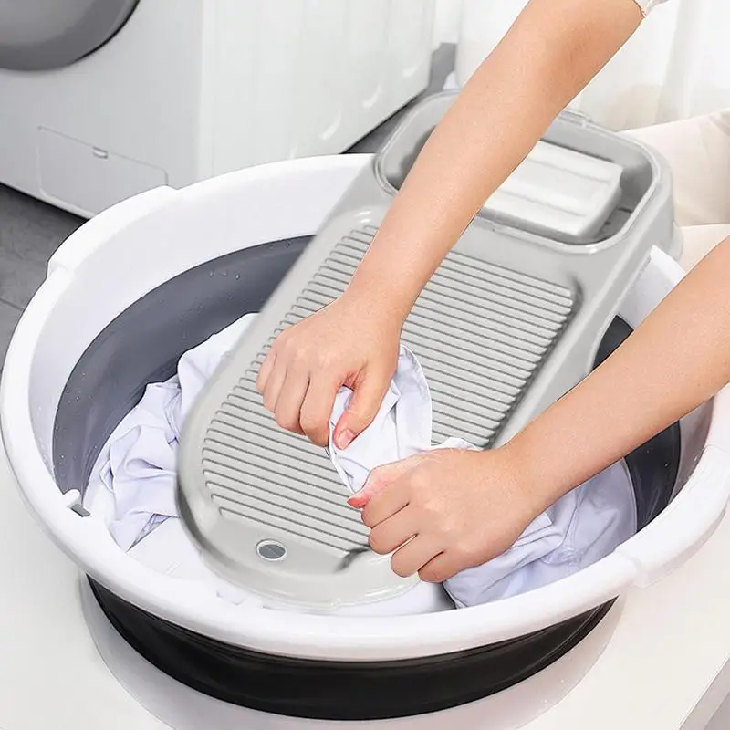 Laundry Scrub Board 2-in-1 Portable Hand Washing Clothes Tool Thicken Rectangle Clothing Scrubber Board With Drain Box Anti-Slip