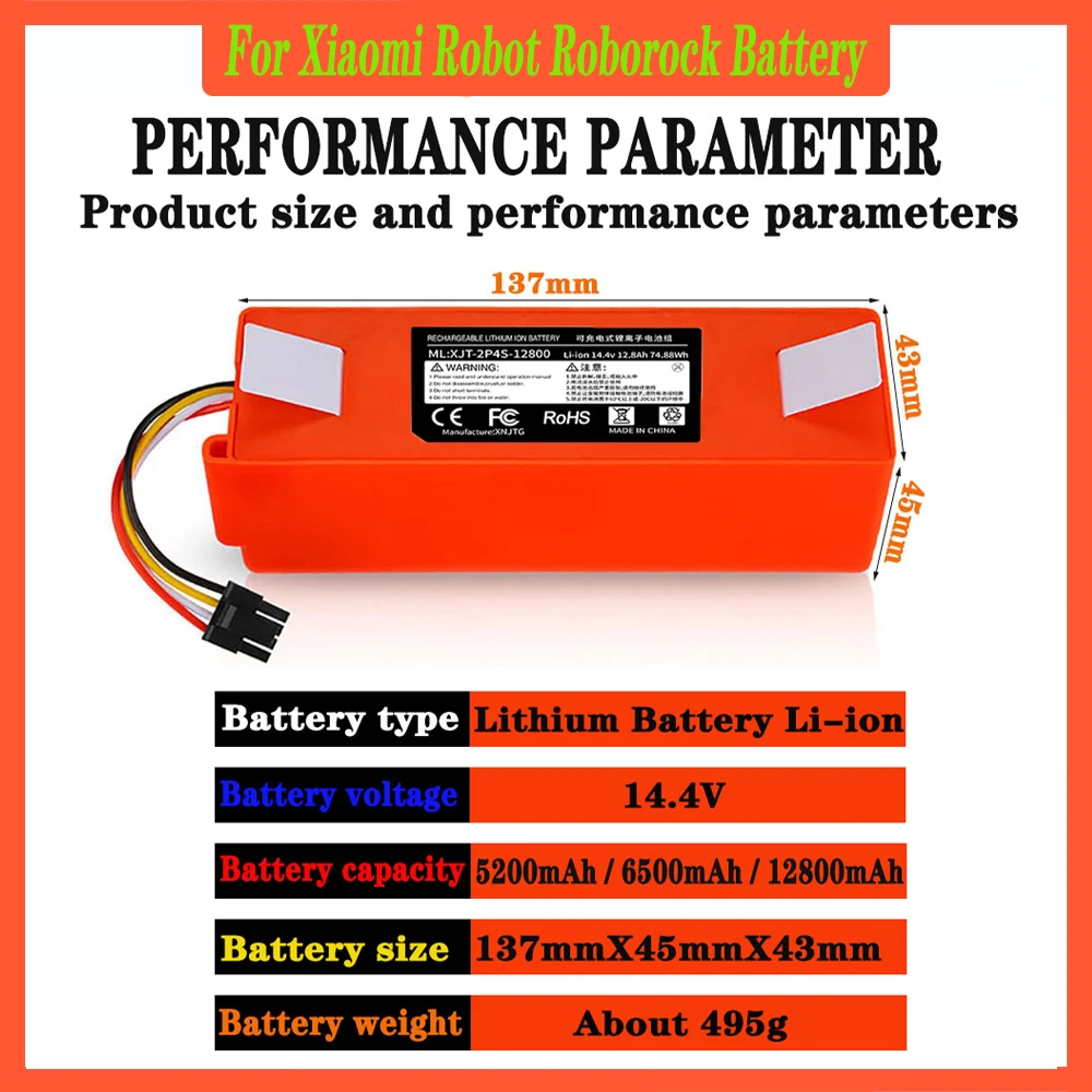 Vacuum Cleaner Battery Replacement 14.4V 12800mAh SC Batteries for Xiaomi Roborock S50 S51 S55 T60 E352-00 S502-00 C10 E20 E35