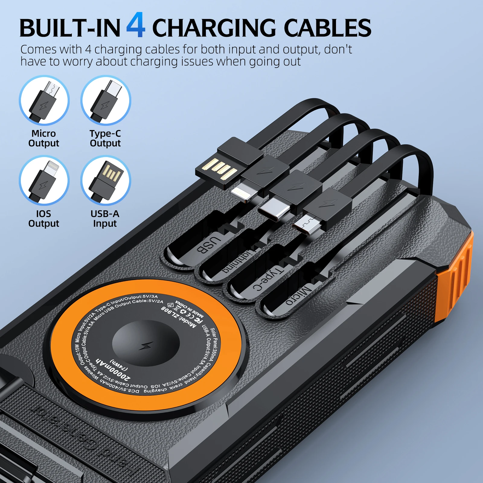 Power Bank Solare a Manovella 50000mAh, Batteria Esterna Portatile di Emergenza, 4 Cavi, Bussola e Luce Radio SOS, Ideale per Campeggio - Image 3