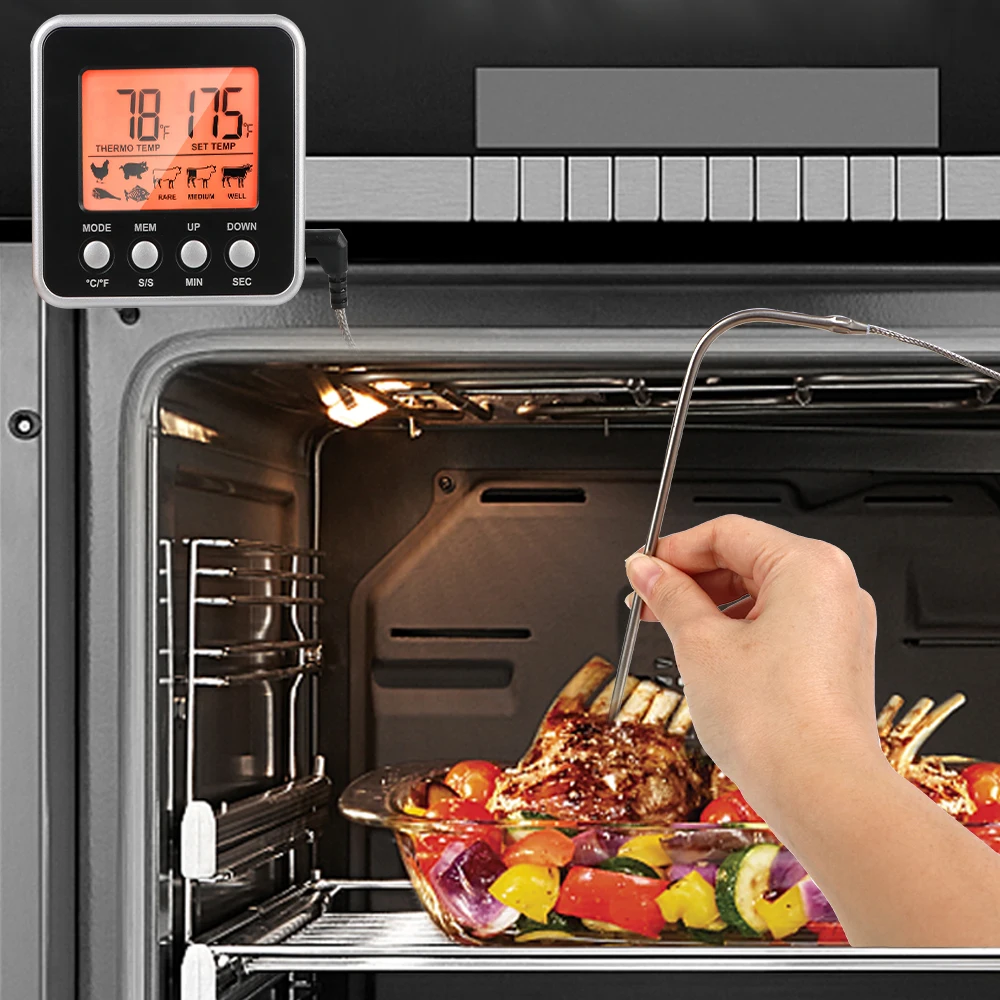 

Цифровой термометр для мяса, кухонный прибор для приготовления барбекю с ЖК-дисплеем и подсветкой, с таймером и щупом для мяса