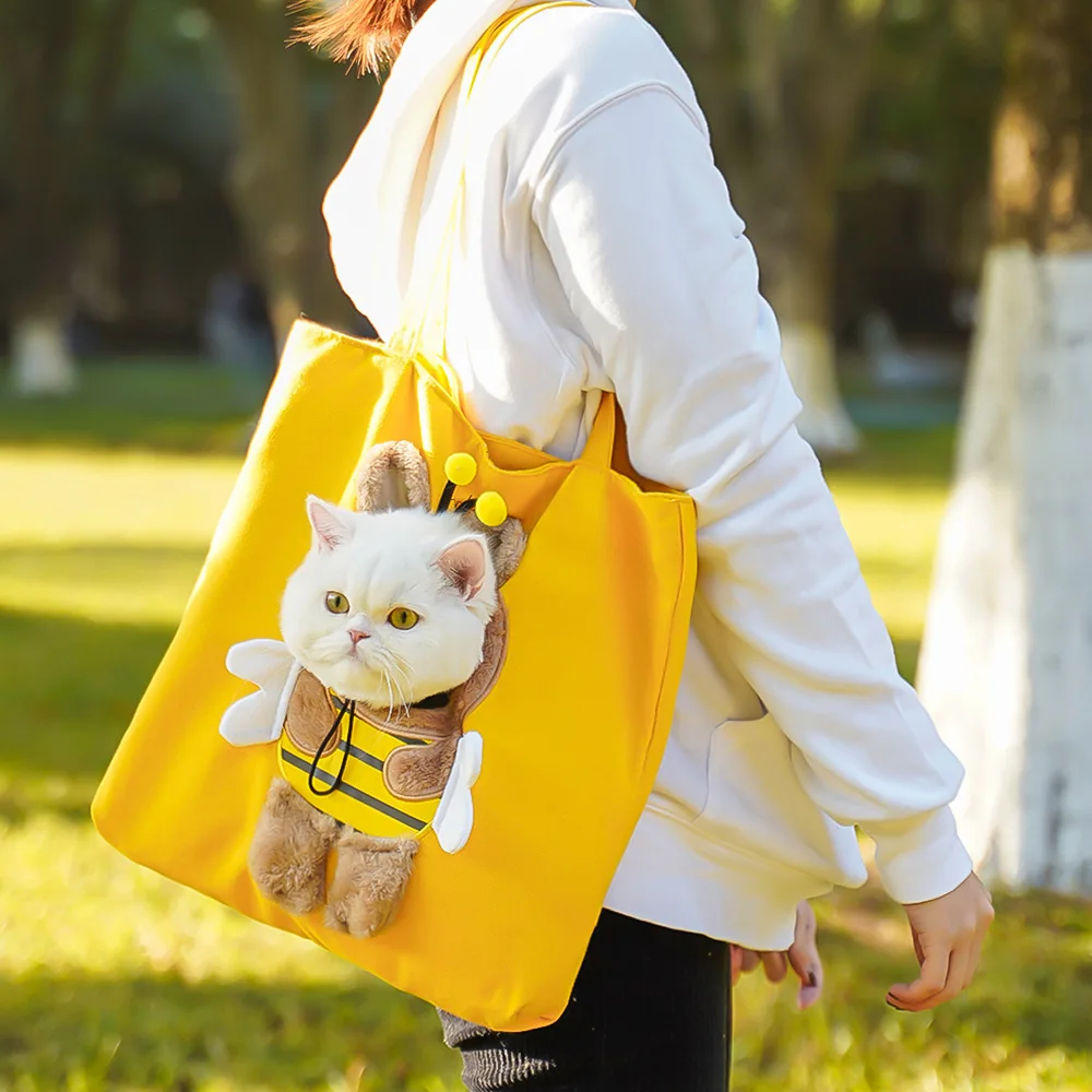 Pet Canvas Shoulder Bag Bee Rabbit Dinosaur Shape Cute Cat Carrier Portable Shoulder Carrying Bag Chest Cat Outdoor Tote