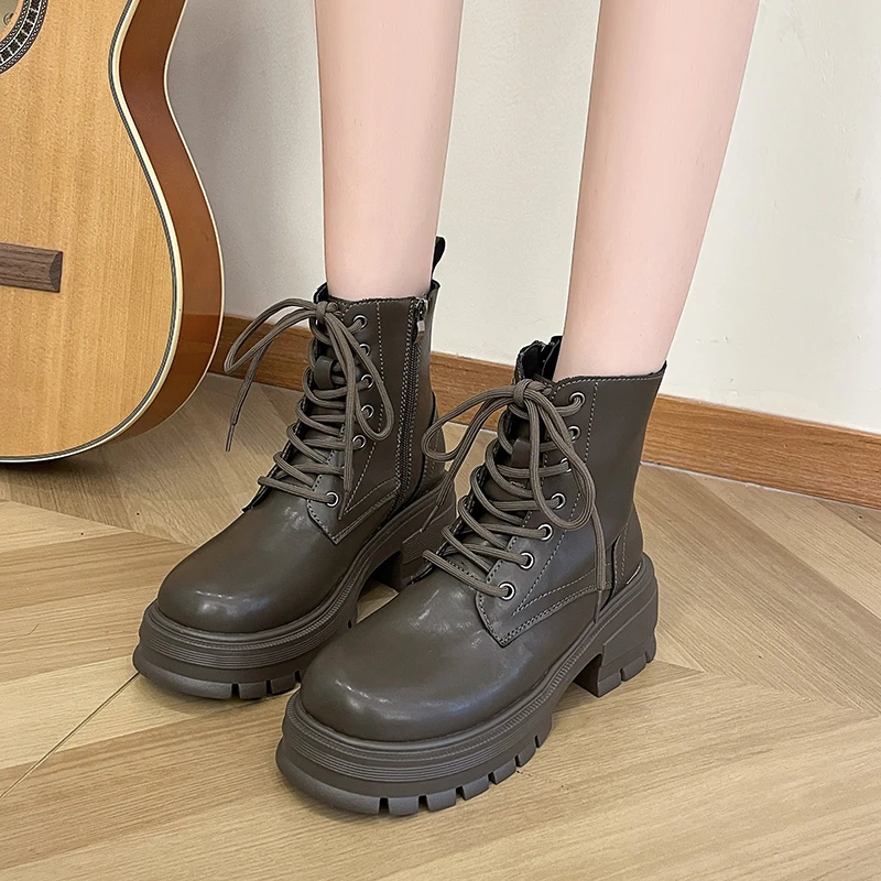 Shoes for Women 2023 Non Slip Ankle Women's Boots Platform Modern Boots Women Zip Round Toe Lace Up Fretwork Heel Shoes Female