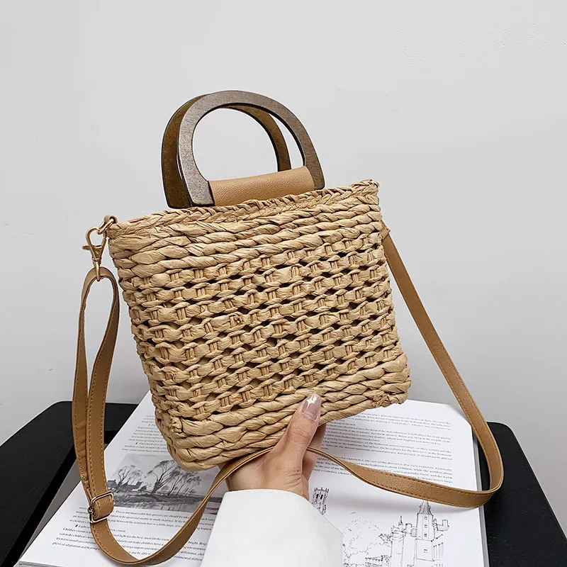 Women Basket Straw Bags Wood Handle Shoulder Crossbody Bags Casual Designer Rattan Woven Summer Travel Handbag Female Beach Bags