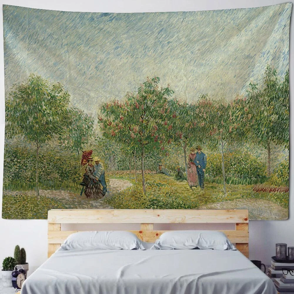 Vintage tapestry art poster lotus wall hanging Van Gogh oil painting aesthetic tapestry living room and bedroom decoration