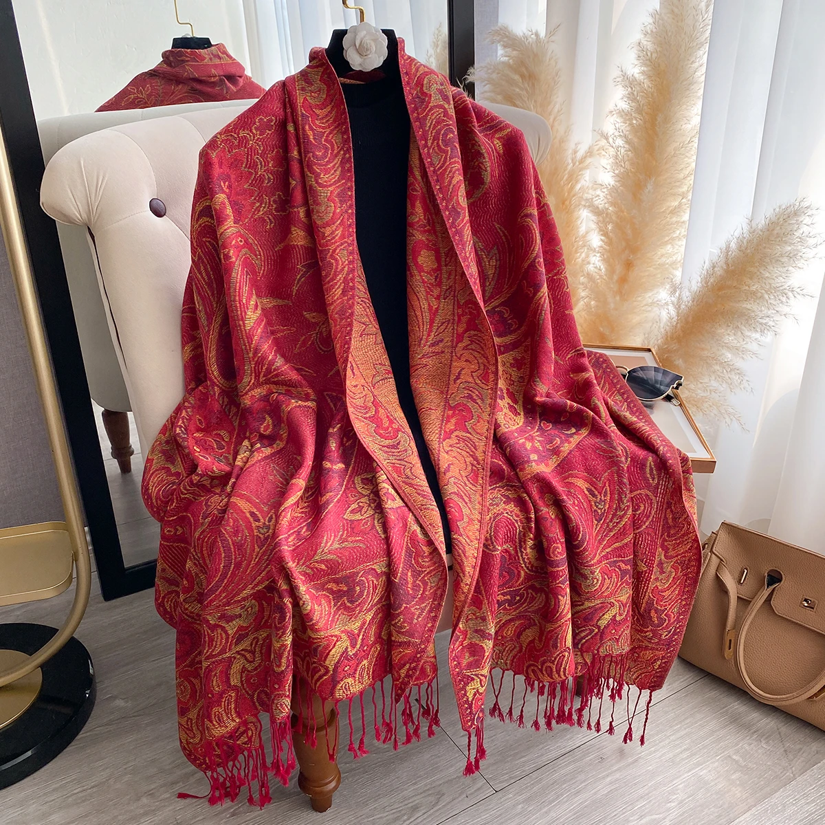 Luxury Winter Cashmere Scarf for Women - Printed Tasseled Shawl, Embroidered Pareo Cape & Elegant Chunky Headscarf