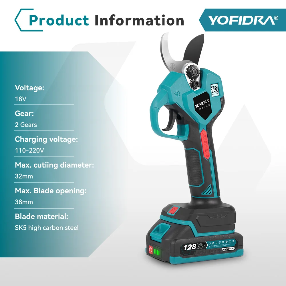 YOFIDRA Brushless Electric Pruner Shear 38mm, 2 Gears Cordless Tree Bonsai Pruning Electric Scissors For Makita 18V Battery Pin - Image 5