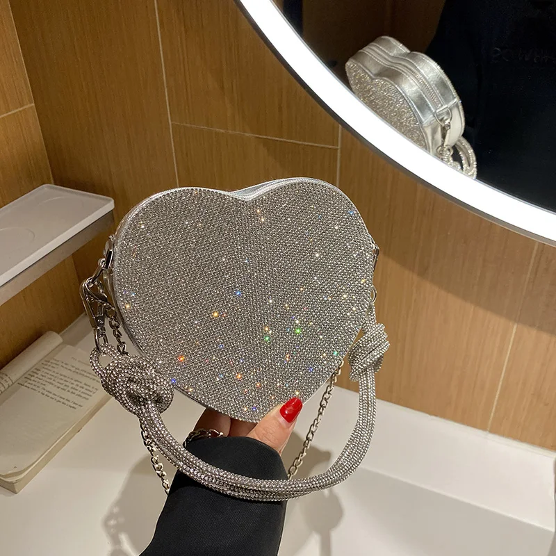 Evening Heart Bags for Women Fashion Underarm Shoulder Bag Ladies Party Female Luxury Handbag Leather Diamonds Crossbody Bags