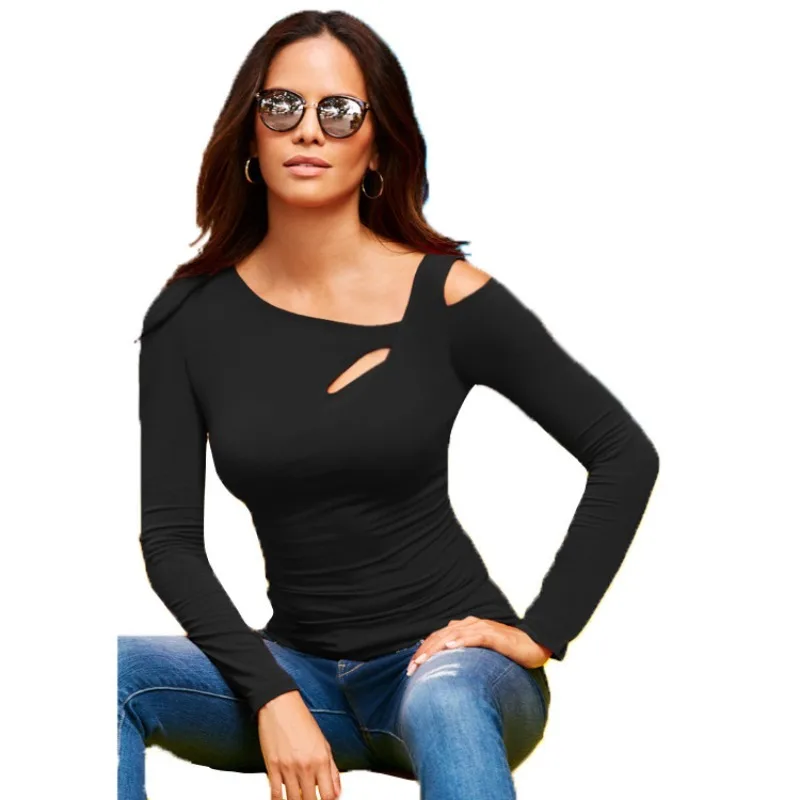 Women's Diagonal Collar T-shirts, Long Sleeve, Slim Fit Clothes, Black Tees, Monochromatic, Spring and Autumn Fashion, 8008