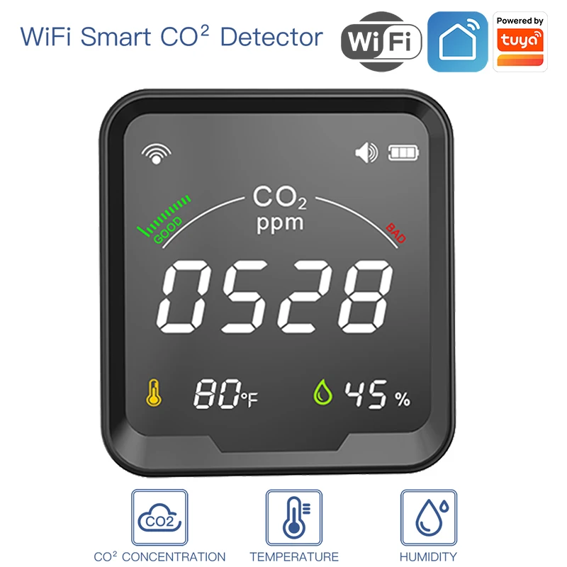 

WiFi Tuya Smart CO2 Detector 3 in 1 Carbon Dioxide Detector Air Quality Monitor Temperature Humidity Air Tester with Alarm Clock