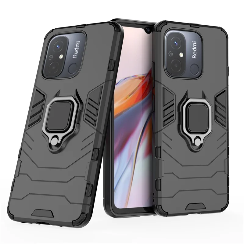 Rugged Shockproof Armor Phone Case with Magnetic Ring Holder and Back Cover in Black
