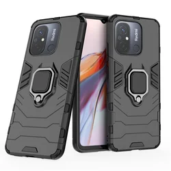 Rugged Shockproof Armor Phone Case with Magnetic Ring Holder and Back Cover in Black for Redmi 12C (Black)