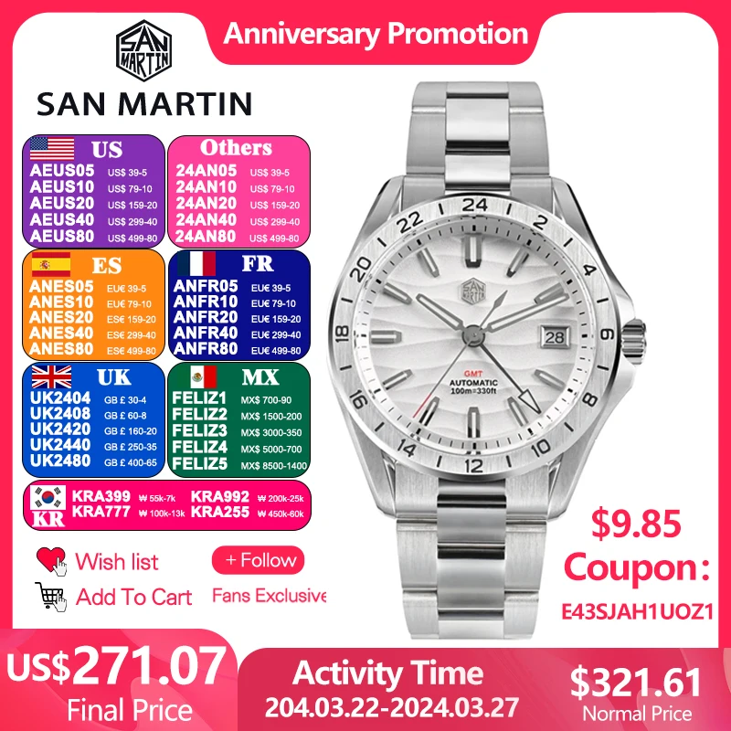 San Martin 남성용 자동 기계식 BGW-91 시계, GMT, NH34, 발광 100m 방수 시계, 날짜, Windows Reloj, SN0129, 39mm