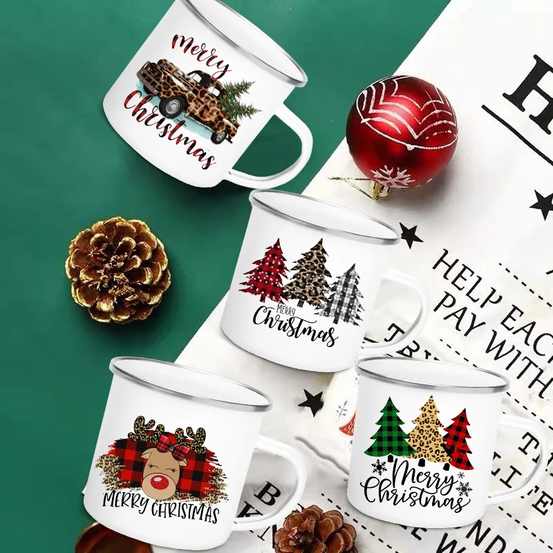 

Christmas Trees Truck Print Coffee Cup Christmas Party Table Decor Drinks Hot Cocoa Chocolate Cups Handle Enamel Mugs Xmas Gifts