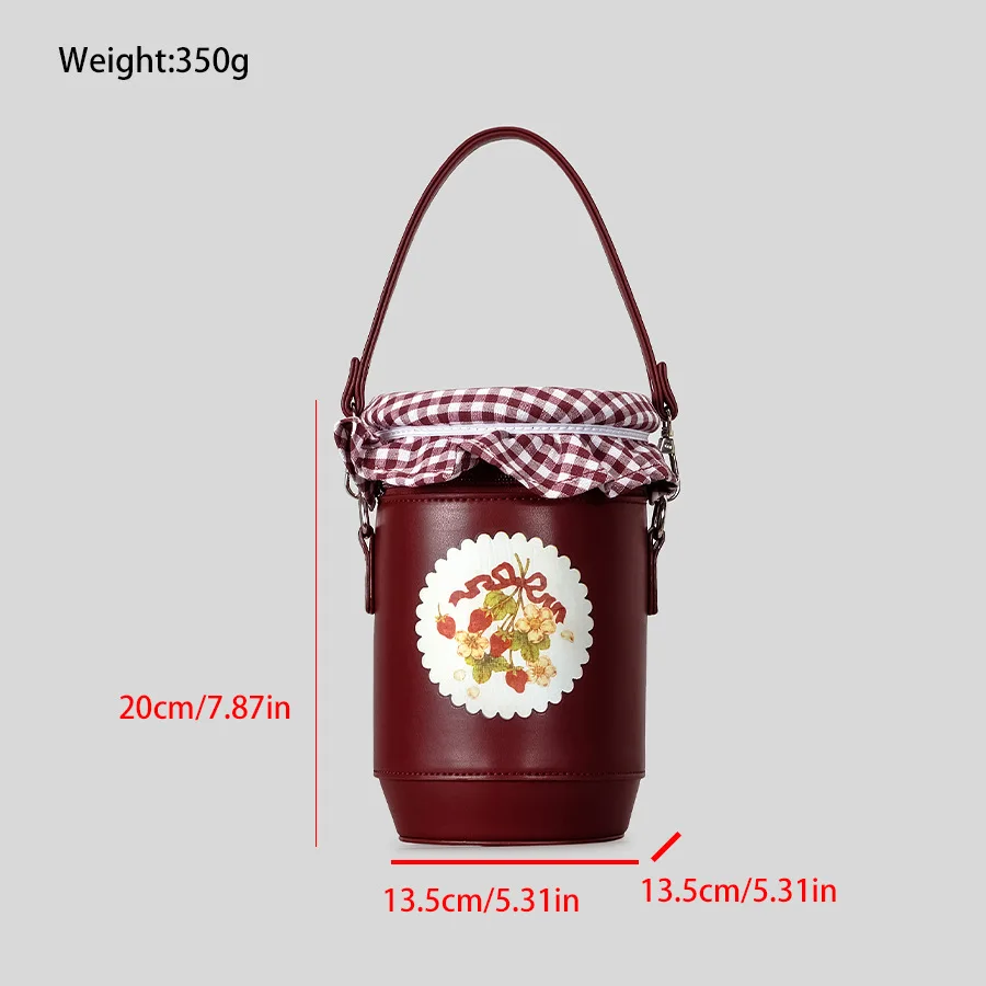 Cute Strawberry Jam Letter Canister Color Bucket Handbag Single Shoulder Slant Crossbody Bag Creative pu leather Women Bags