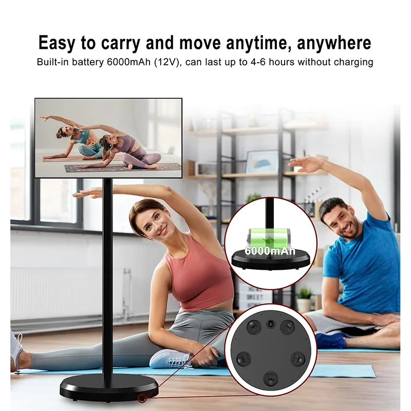 Mobile TV in House 22-Inch Portable TV on Wheels 1080P 6000mAh Rotating Smart Screen Mini With Base