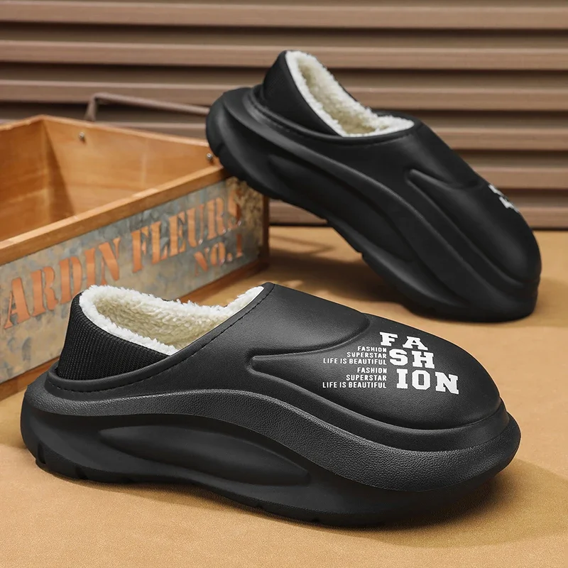Plush Lining Indoor Cotton Slippers Couple Platform Outdoor Kitchen Shoes Men Shoes Winter Warm Shoes House Waterproof Slippers