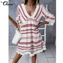 

Celmia Women 3/4 Flare Sleeves Short Vestidos Sexy V Neck Stitched Lace Cuff 2022 Fashion Mini Dresses Striped Printed Robes