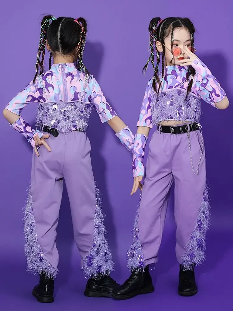

Teenage Girls Purple Showing Kpop Outfits Hip Hop Clothing Crop Tank Tops Pants For Kids Jazz Dance Costume Street Wear Clothes