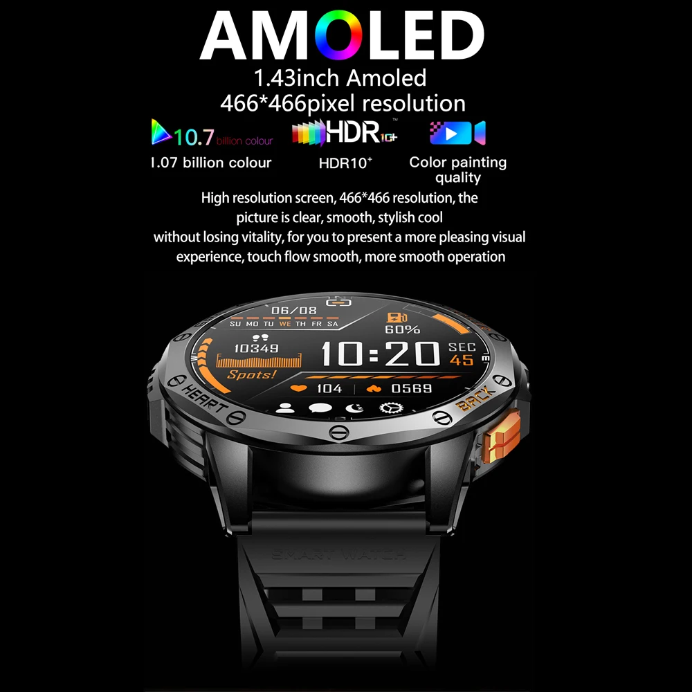 Amoled Smart Watch Men LED Flashlight Compass Barometric Altimeter Outdoor Sports Montion Fitness Tracker BT Call K67 Smartwatch