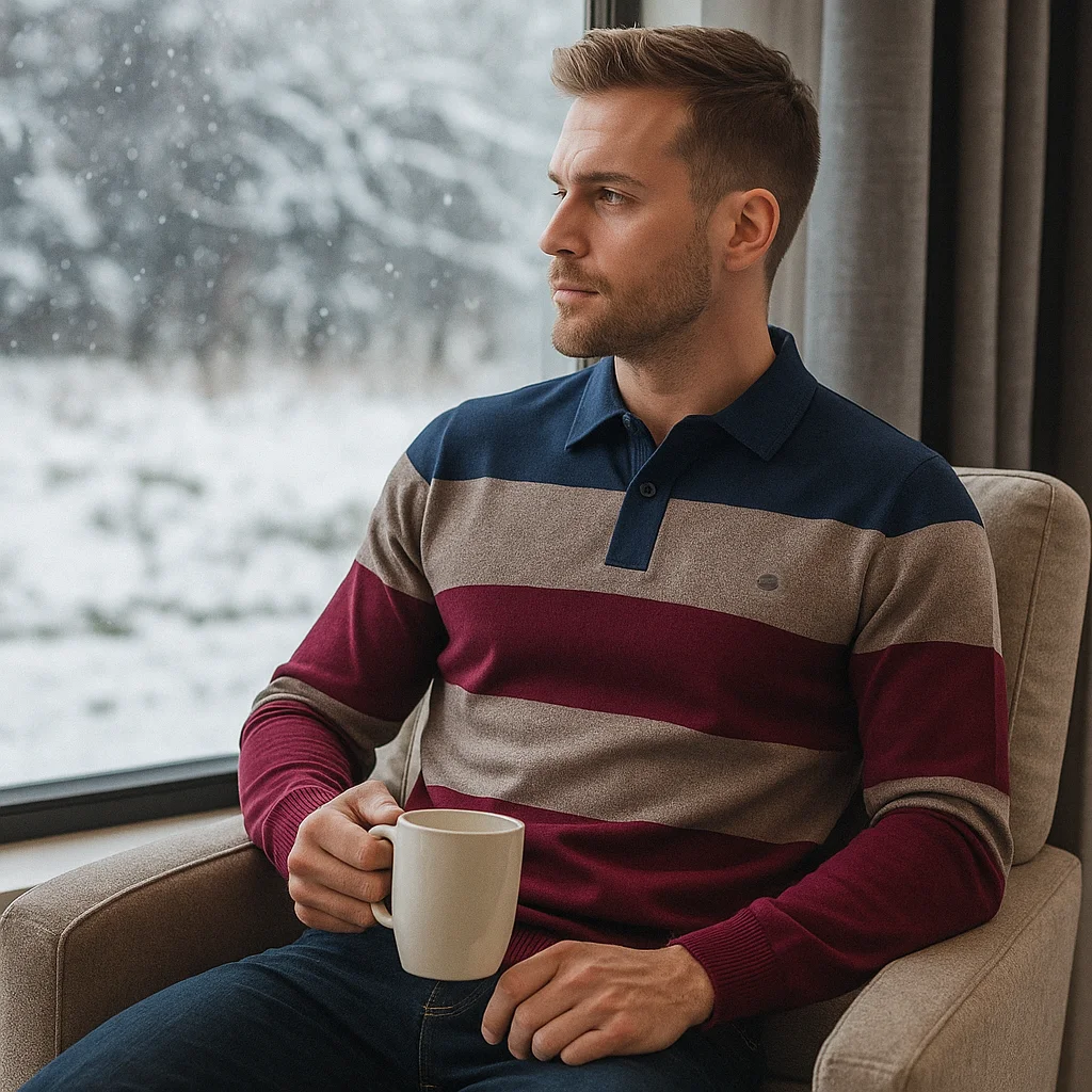 AIOPESON CW66 Men's Strip Cotton Polo Collar Sweater Knit