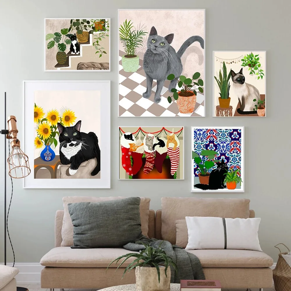 

Abstract Cats With Tropical Plant Flower Wall Art Prints Boho Posters Canvas Painting Pictures For Living Room Home Decoration