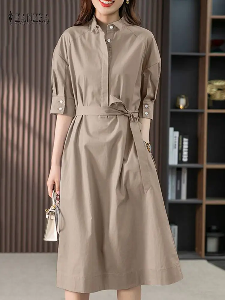 

ZANZEA Woman Fashion Half Sleeve Dress Summer Botton OL Shirtdress Female Elegant Lapel Robe Vintage Party Sundress Oversized