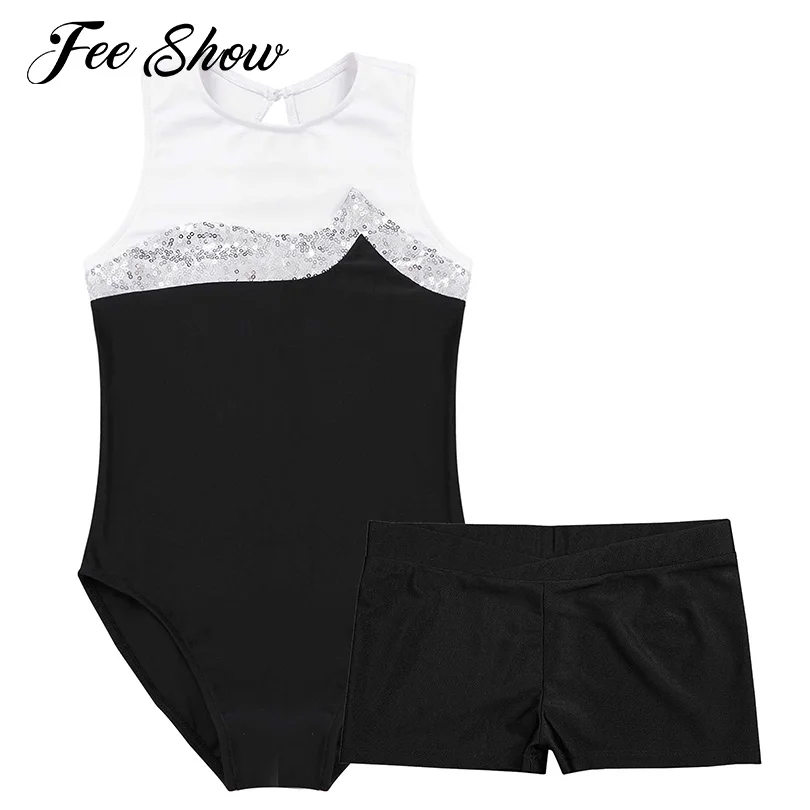 

Teens Girls Ballet Leotards Gymnastics Bodysuit Dancewear Sleeveless Shiny Sequins Leotard for Kids Sports Training with Shorts