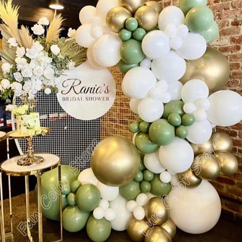 

119pcs Avocado Green Memorial Day Party Arch Background Baby Shower Event Celebration White Birthday Golden Balloons Garland