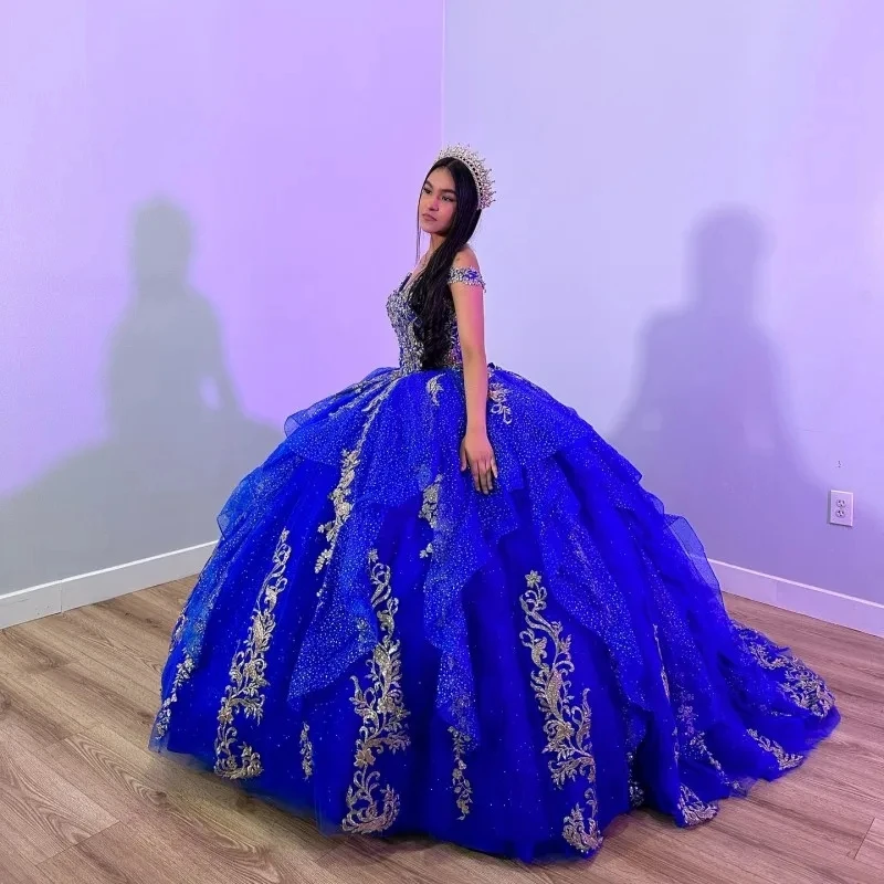 Shiny Royal Blue Quinceanera Dresses Crytal Gold Beading Lace Birthday Party Princess Gown Vestidos De 15 Anos quinceanera dresses